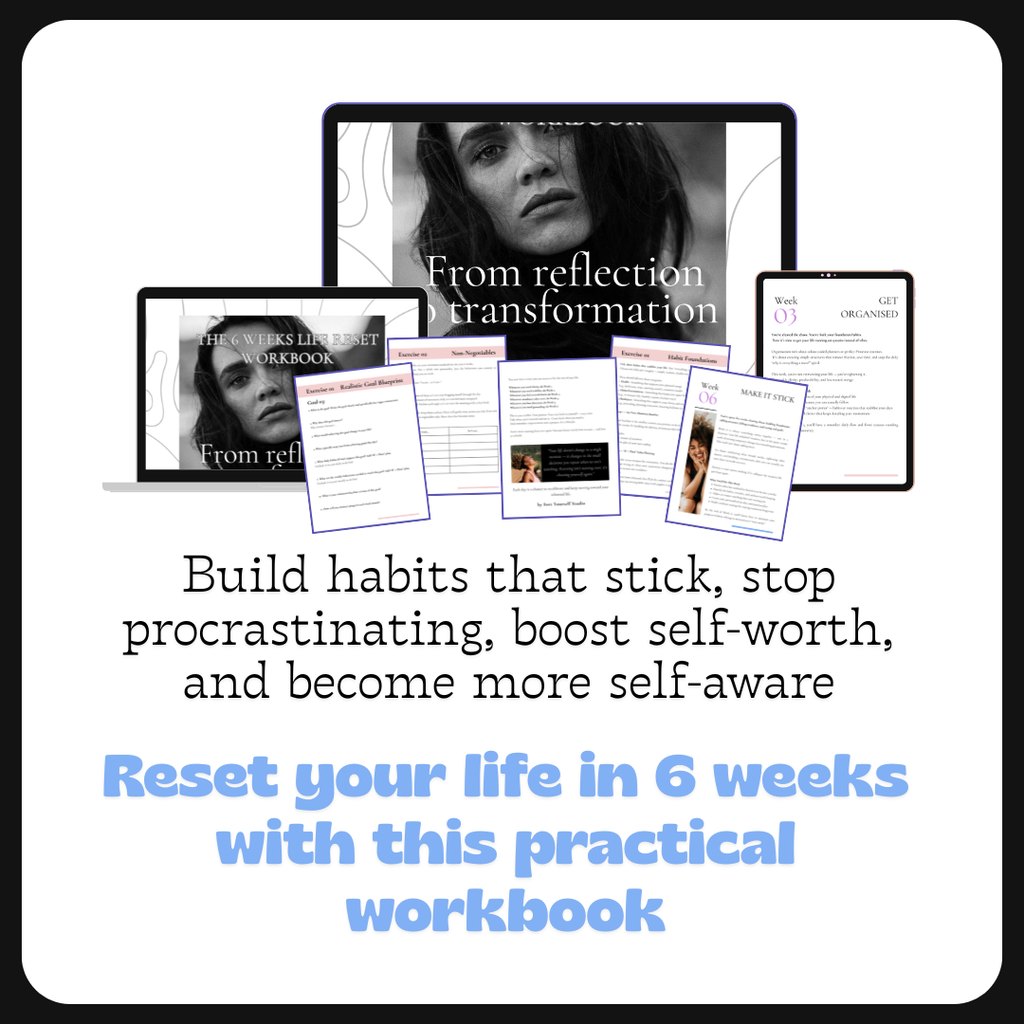 Promotional graphic for a workbook with text about building habits and self-awareness.